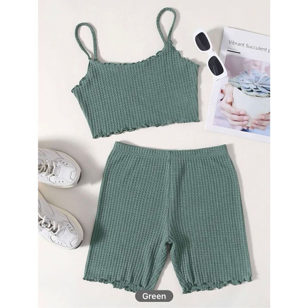 SHEIN EZwear Solid Lettuce Trim Waffle Knit Cami Top & Biker Shorts Set